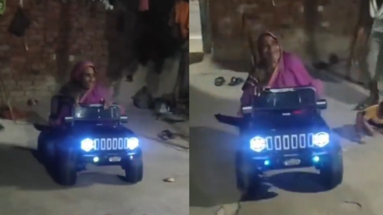 Old Woman Enjoying Grandson Car