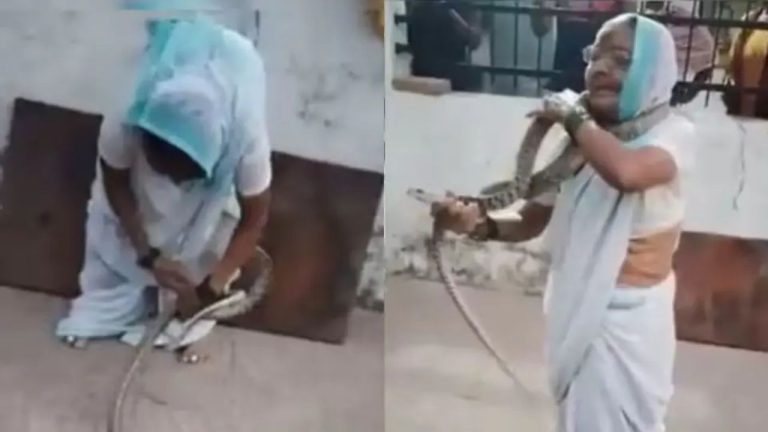 Old Woman Wraps Snake On Neck Video