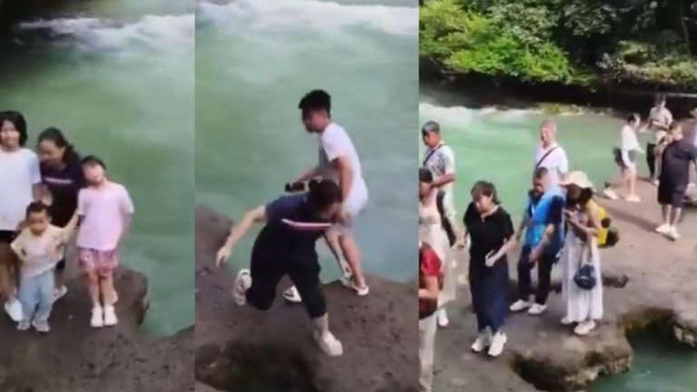 Father Pushes Daughter In Waterfall