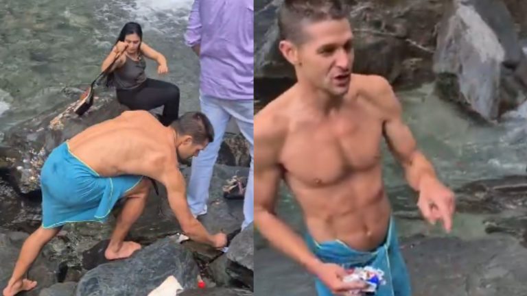 Foreign Tourist Cleans Indian Waterfall